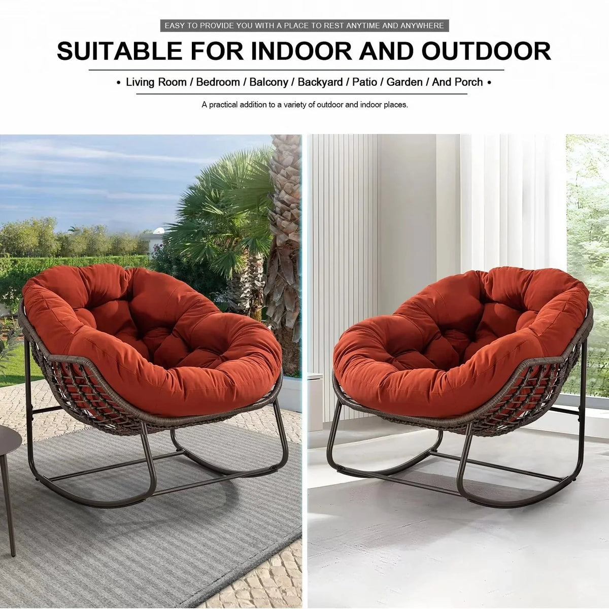 Outdoor Papasan Rocking Chair With Thick Cushion, Grey - 43.70in D x 37.20in W x 31.50in H