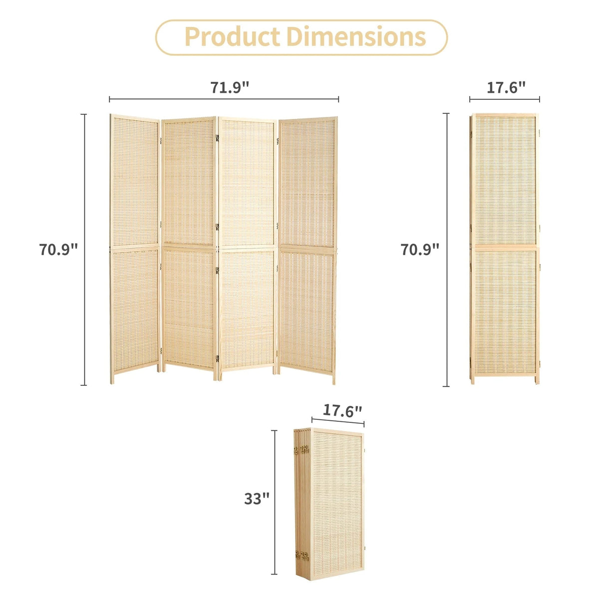 Bamboo 4-Panel Folding Room Divider, 6FT