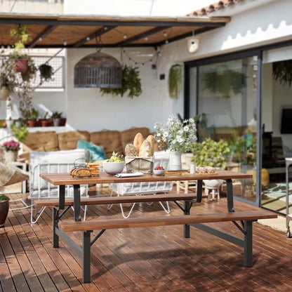 Acacia Wood Picnic Table Bench Set, 71in With 2in Umbrella Hole And Metal Frame