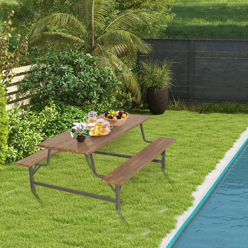 Acacia Wood Picnic Table Bench Set, 71in With 2in Umbrella Hole And Metal Frame