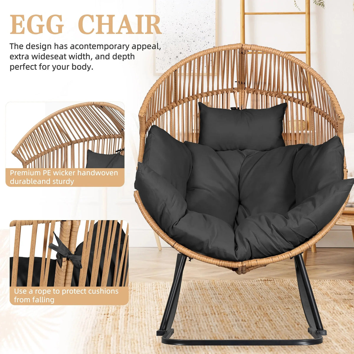 Walsunny Outdoor Patio Wicker Oversized Egg Chair With Cushion