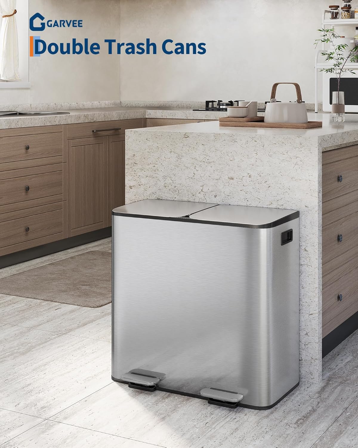 Garvee Dual Compartment Kitchen Step Trash Can, 2 x 10.6 gal, Silver