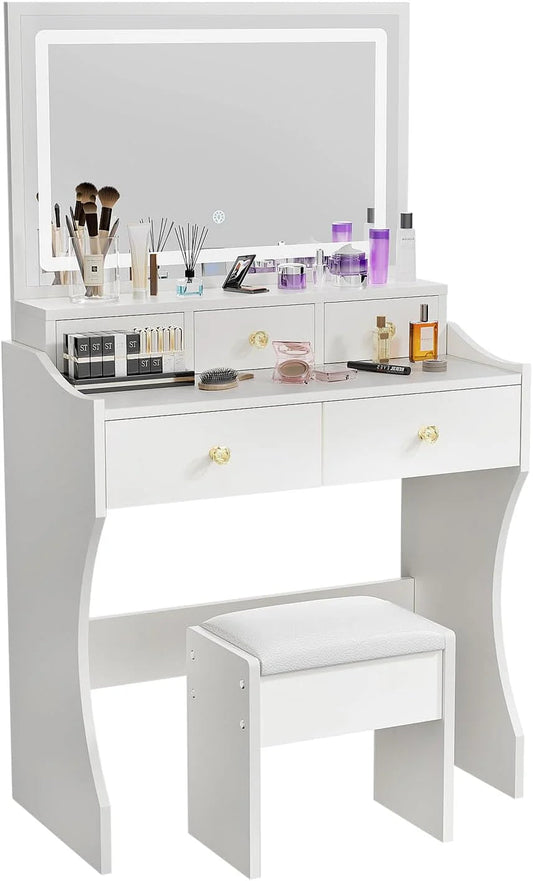 Makeup Table With Mirror, Lights And Stool, 80x40x135cm, White - D089