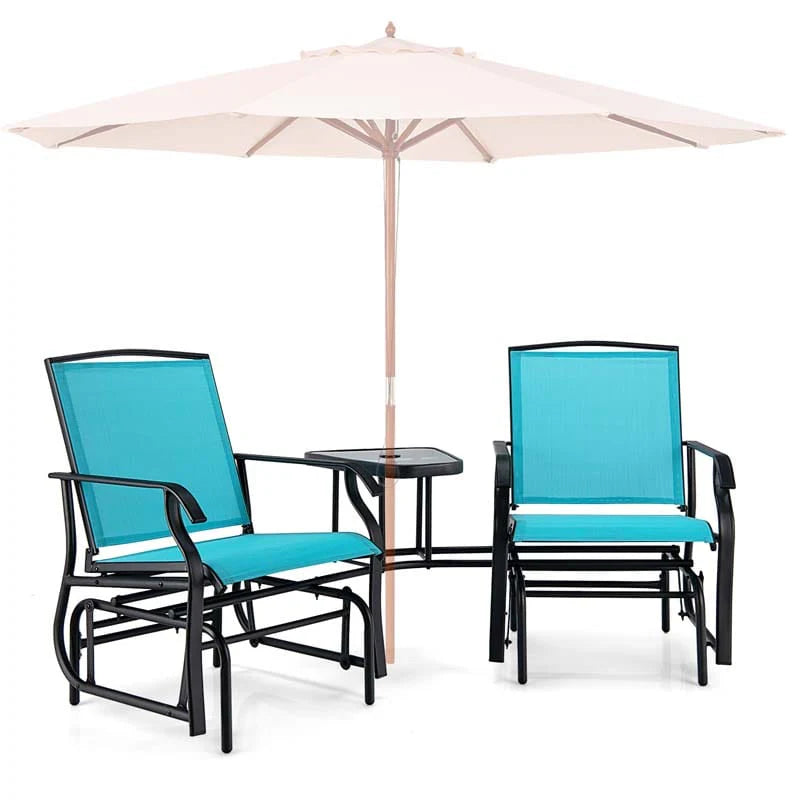 2-Person Double Swing Glider Chair With Glass Table, Steel And Fabric - 77in x 34in x 36in