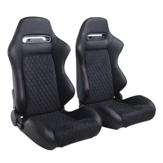 Racing Seats With Double Slider, PVC And Suade Material, Black - Set Of 2 Pieces