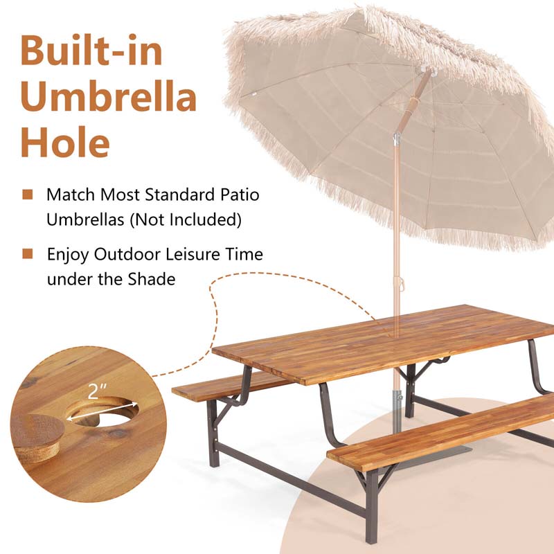 Acacia Wood Picnic Table Bench Set, 71in With 2in Umbrella Hole And Metal Frame
