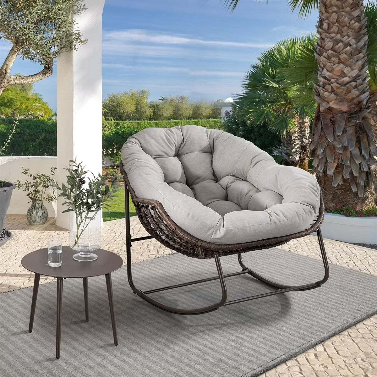 Outdoor Papasan Rocking Chair With Thick Cushion, Grey - 43.70in D x 37.20in W x 31.50in H