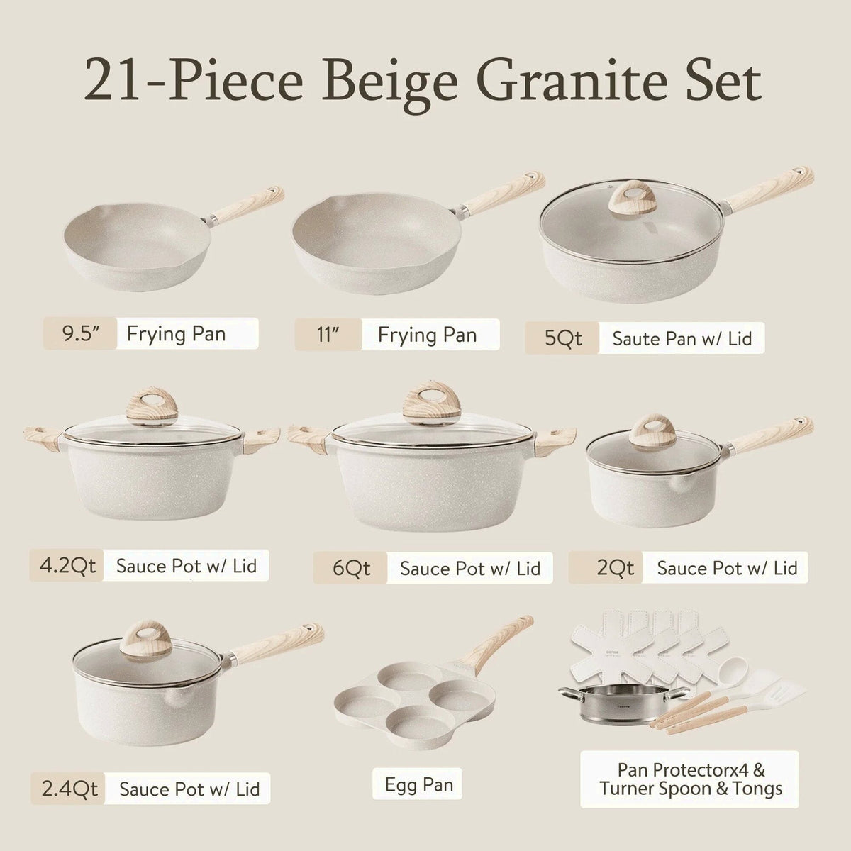 Carote 21-Piece Nonstick Granite Cookware Set, Induction Compatible, Beige