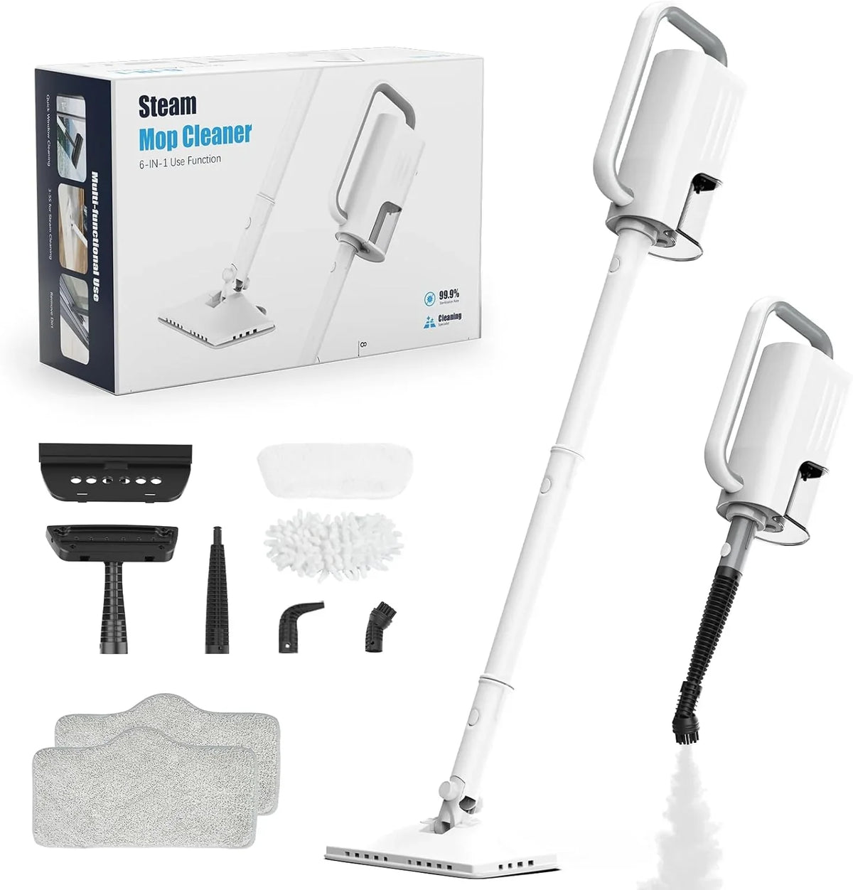 6-in-1 Rotating Steam Mop Cleaner, Light Blue, 400ML Tank, 23FT Power Cable, 2 Microfiber Pads