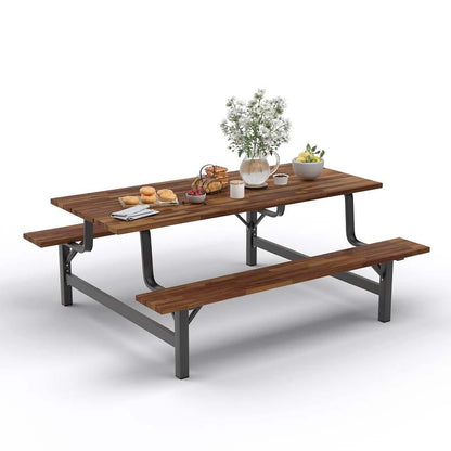 Acacia Wood Picnic Table Bench Set, 71in With 2in Umbrella Hole And Metal Frame