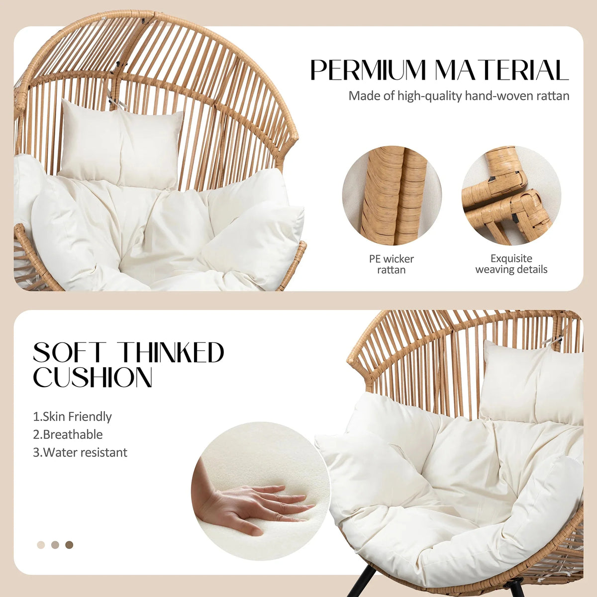 Walsunny Outdoor Patio Wicker Oversized Egg Chair With Cushion