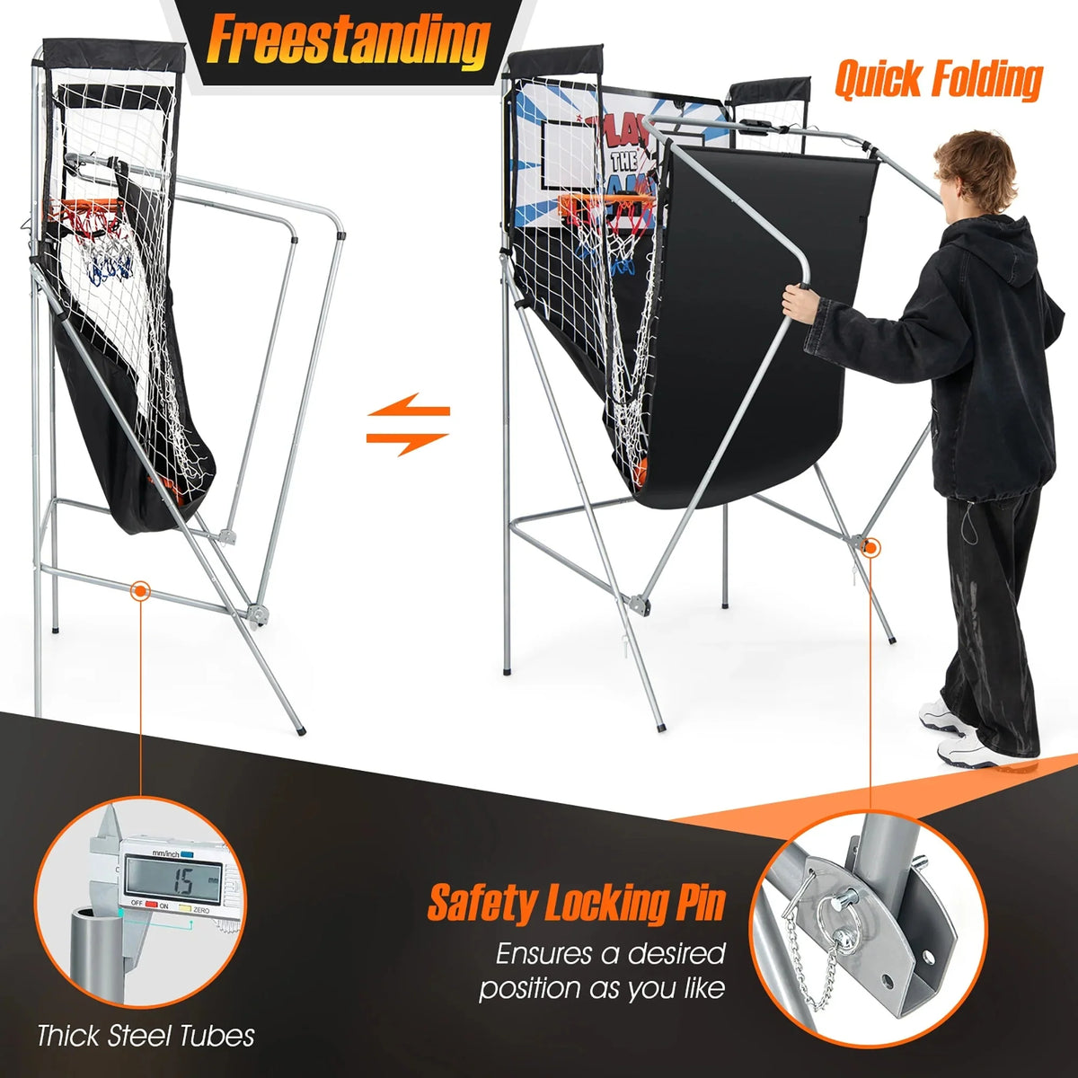 Costway Double Shot Electronic Basketball Arcade Game, 8 Game Modes, 4 Balls, Grey