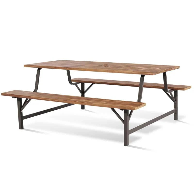 Acacia Wood Picnic Table Bench Set, 71in With 2in Umbrella Hole And Metal Frame