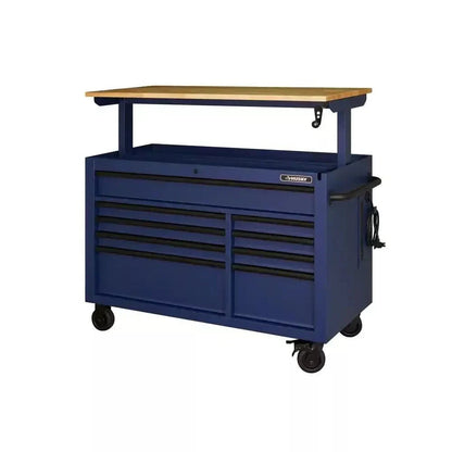 Heavy-Duty 52 in. 9-Drawer Mobile Workbench With Adjustable-Height Solid Wood Top - Matte Blue