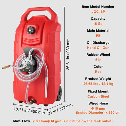 16 Gallon Portable Fuel Caddy, 7.8 L/Min, Red - JGC16P
