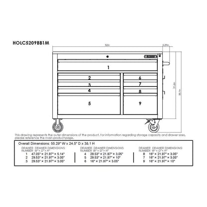 Heavy-Duty 52 in. 9-Drawer Mobile Workbench With Adjustable-Height Solid Wood Top - Matte Blue