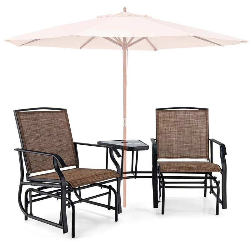 2-Person Double Swing Glider Chair With Glass Table, Steel And Fabric - 77in x 34in x 36in