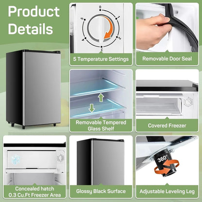 Simenmax Single Door Mini Fridge, 3.2 Cu. Ft., Silver