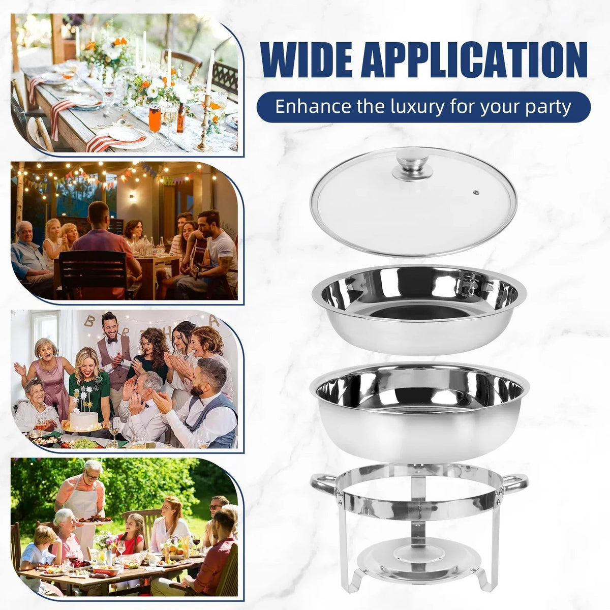 IMACONE 5QT Stainless Steel Round Chafing Dish Buffet Set, 2-Pack With Glass Lid