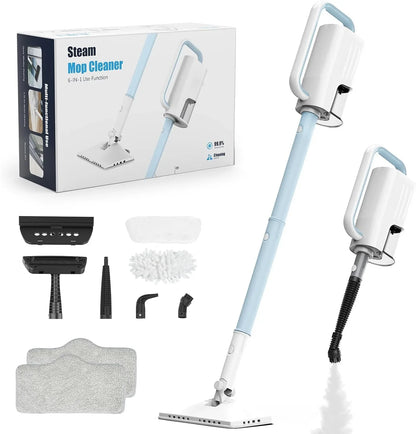 6-in-1 Rotating Steam Mop Cleaner, Light Blue, 400ML Tank, 23FT Power Cable, 2 Microfiber Pads