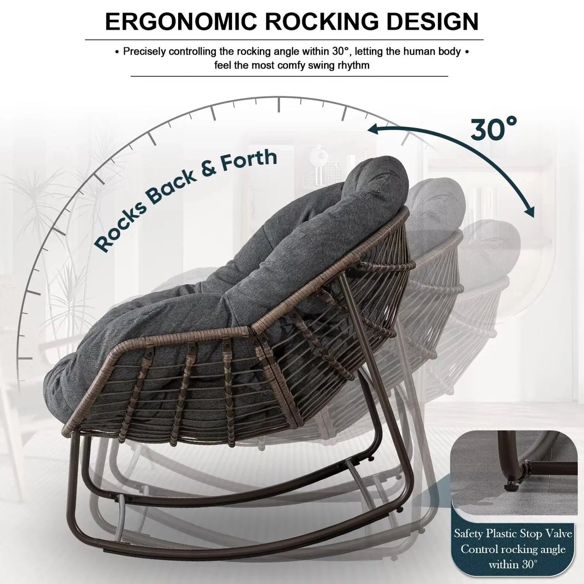 Outdoor Papasan Rocking Chair With Thick Cushion, Grey - 43.70in D x 37.20in W x 31.50in H