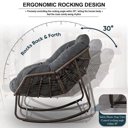 Outdoor Papasan Rocking Chair With Thick Cushion, Grey - 43.70in D x 37.20in W x 31.50in H