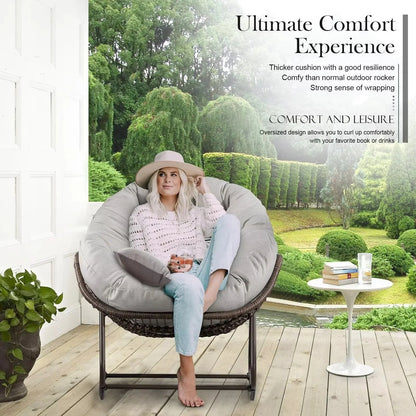 Outdoor Papasan Rocking Chair With Thick Cushion, Grey - 43.70in D x 37.20in W x 31.50in H