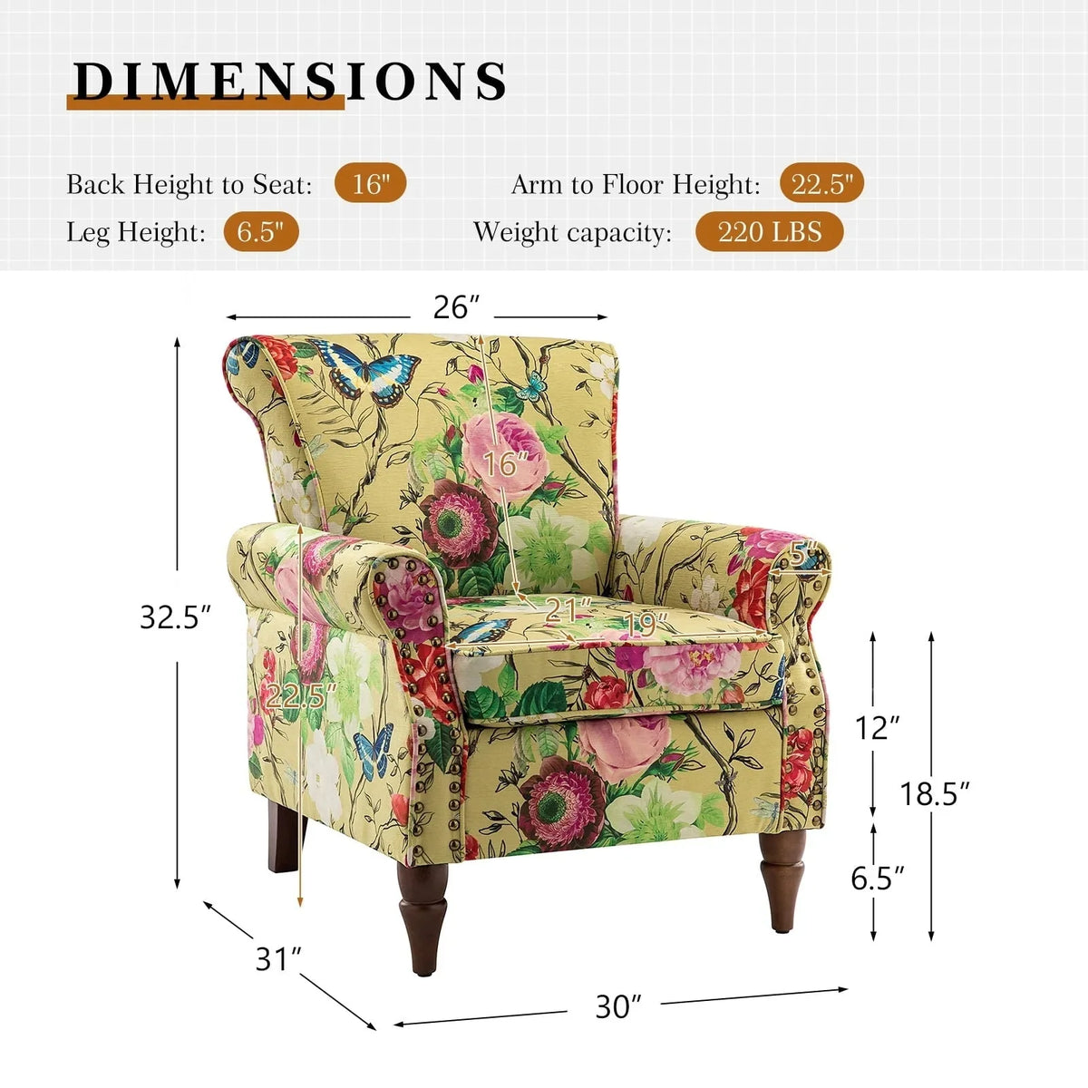 14 Karat Home Wingback Accent Chair, Floral Upholstery, Mustard, 30 x 31 x 32.5 in