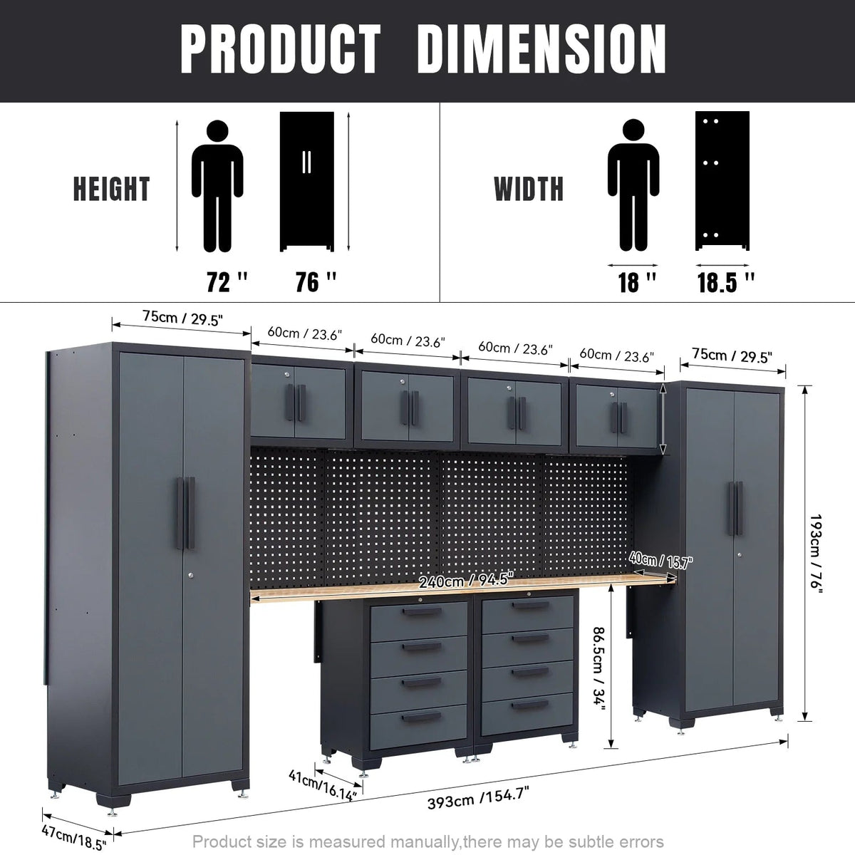 HPDMC 7-Piece Metal Garage Cabinet System With 4-Drawer Roller Cabinet, 47.2 in Workbench And Pegboards