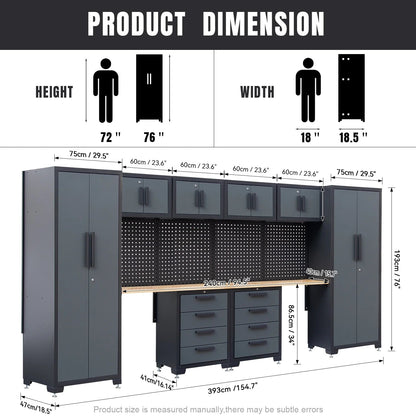 HPDMC 7-Piece Metal Garage Cabinet System With 4-Drawer Roller Cabinet, 47.2 in Workbench And Pegboards