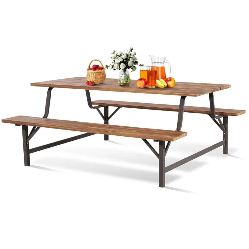 Acacia Wood Picnic Table Bench Set, 71in With 2in Umbrella Hole And Metal Frame