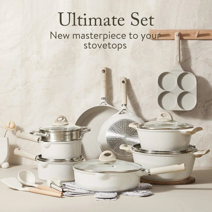 Nonstick Granite Kitchen Cookware Set, 21-Piece, Beige, Induction